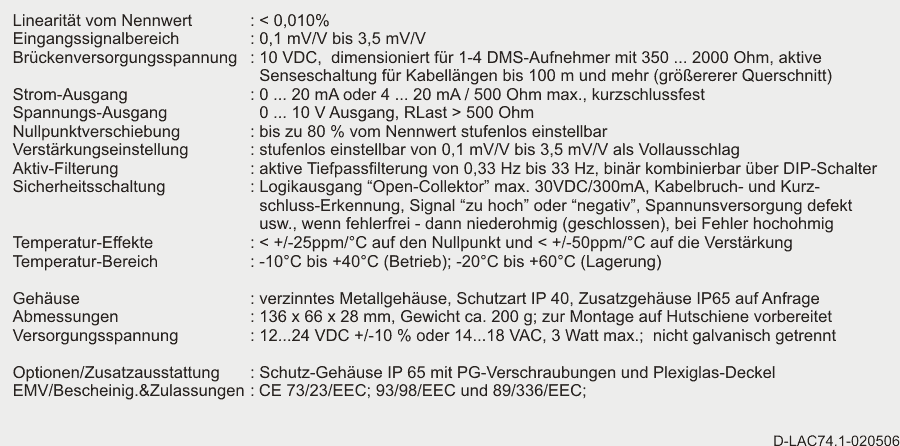 DMS-Messverstärker LAC 74.1 - Spezifikationen